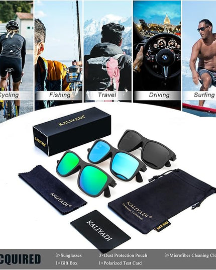 KALIYADI Sunglasses Men Polarized Sun glasses for Mens Womens Classic Matte Black Frame UV Protection 3pack