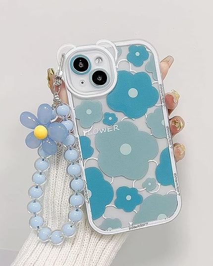 Compatible with iPhone 12 Case Blue Shockproof Cover Camera Lens Case Cute, Clear, Floral Bear, Lovely Flower, Wrist Strap, Bracelet Chain, for Women, Girly