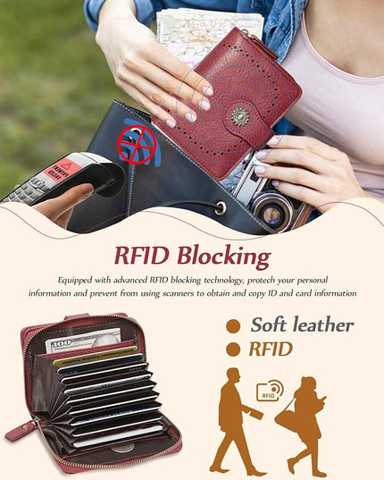 TFKGS Small Womens Wallet Leather RFID Blocking Bifold Compact Card Holder Ladies Zipper Accordion Pocket with ID Window Red