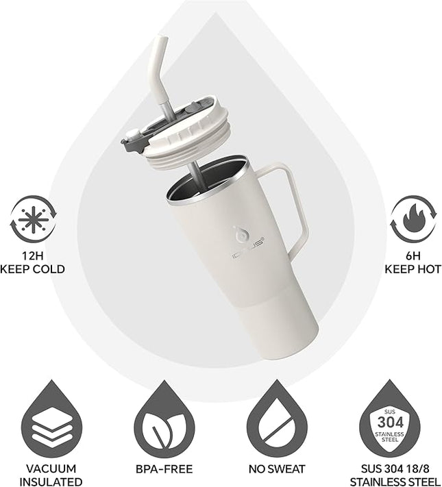 Ideus 32 oz Tumbler with Handle and Straw, Vacuum Insulated Stainless Steel Travel Mug, 100% Leakproof, Cup Holder Friendly, White