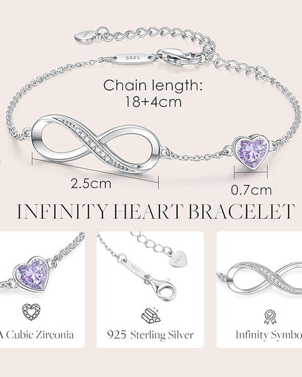 CDE Valentine's Day Gift Infinity Heart Birthstone Charm Link Bracelet for Women 925 Sterling Silver Adjustable Mother's Day Christmas Day Gift Anniversary Birthday Jewelry for Wife Girlfriend Her