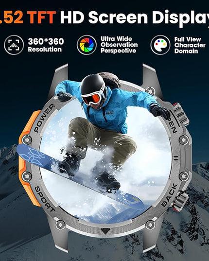 Hwagol Smart Watches for Men (Call/Notification),1.52'' Military Smart Watch, Two Style Kits,Flashlight,100+Sport Modes/Heart Rate/Sleep Monitor/Pedometer (Orange-Blue)
