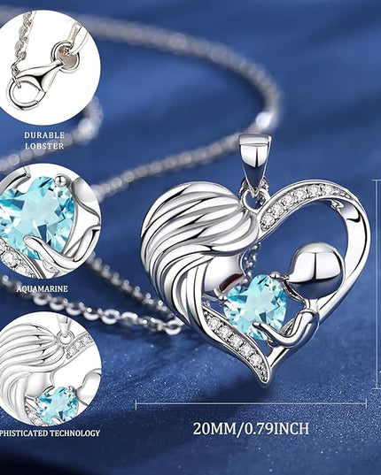 FANCIME Mom Birthstone Necklace Mother and Child Love Heart Necklace I Love You Mom Gifts Mothers Day Birthstone Jewelry Gifts for Grandmother Women Wife, 16"+2" Inches