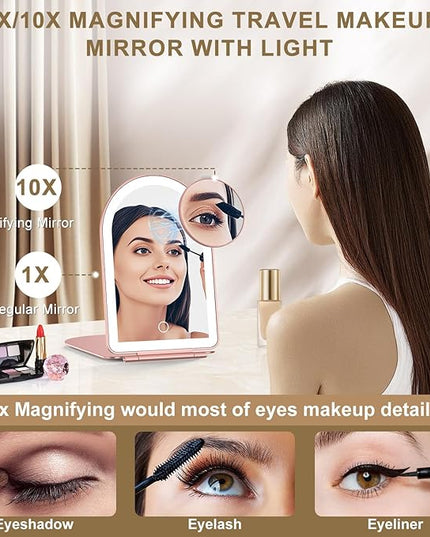 Mocado Travel Makeup Mirror with Light, 1x/10x Magnifying Mirror with Light, 3 Colors Lighted Magnifying Mirror, 2000mAh Rechargeable Lighted Makeup Mirror, Memory Function (Arched-Rose Gold)