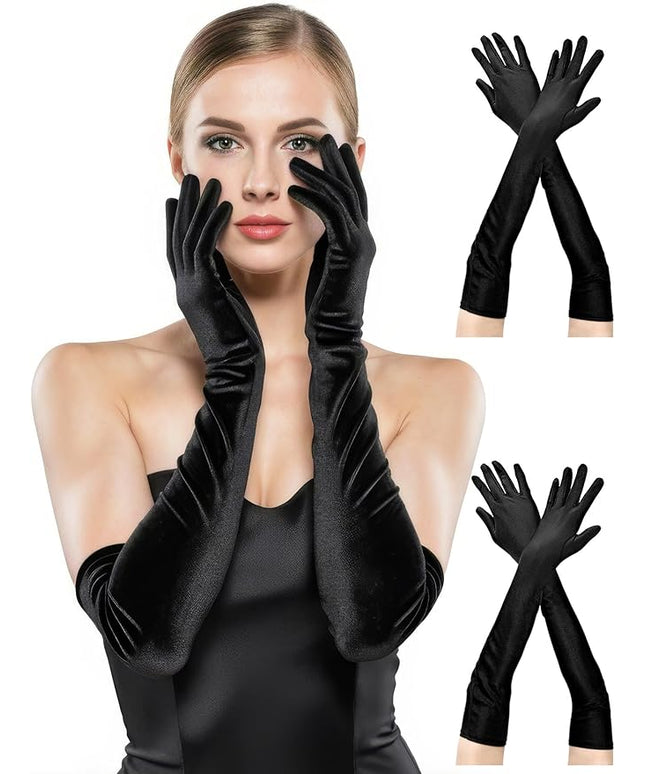 BEVTEE Long Black Gloves Women Formal, 2 Pairs Opera Gloves Costume, Stretchy Satin Gloves, 1920s Accessories, 20.8 Inch