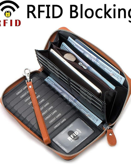 Moflycom Womens Wallet RFID Blocking Genuine Leather Multi Credit Card Large Capacity Zip Around Clutch Travel Purse Wristlet
