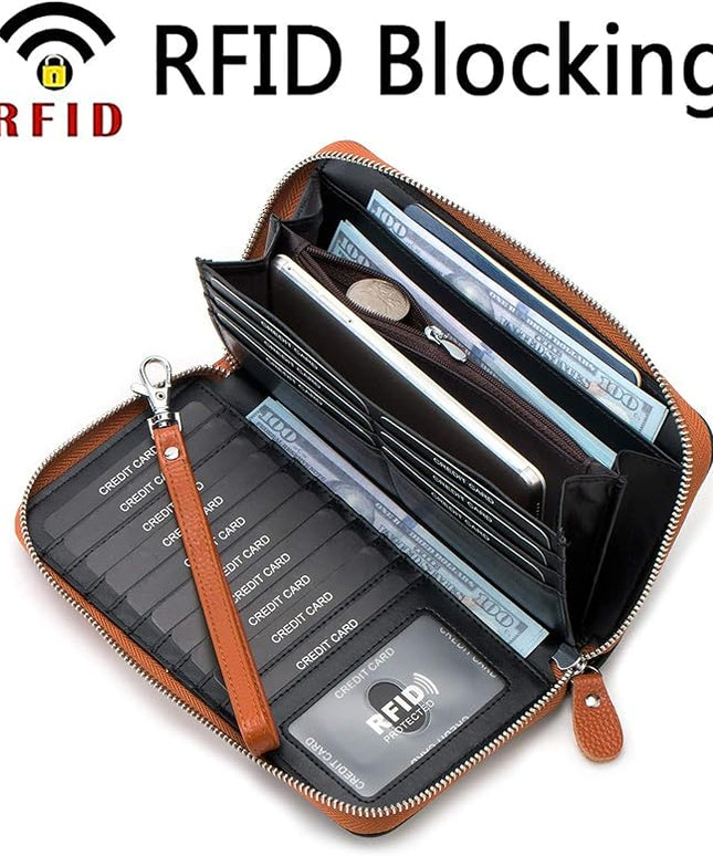 Moflycom Womens Wallet RFID Blocking Genuine Leather Multi Credit Card Large Capacity Zip Around Clutch Travel Purse Wristlet