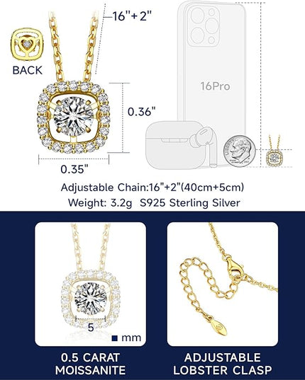 MomentWish Floating Necklace for Women, 0.5/1 Carat Dancing Moissanite Necklace for Her 925 Sterling Silver Pendant Anniversary Birthday Christmas Gift for Wife Mom Girlfriend