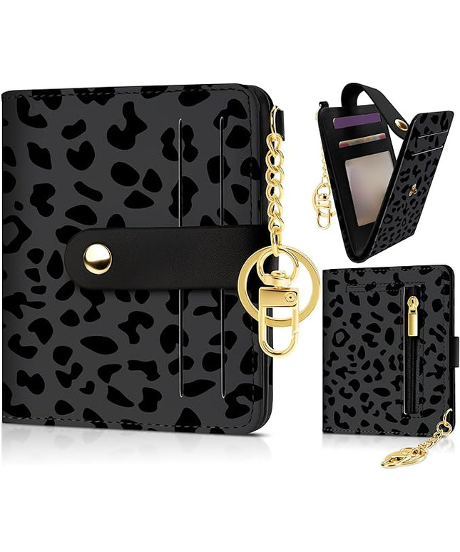 Sodsay Small Slim Wallet Women RFID Blocking, PU Leather Bifold Ladies Wallet with Zipper Coin Pocket, Thin Cute Travel Card Wallets for Girls, Black Primordial Spots