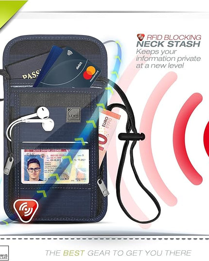 Lewis N. Clark RFID Blocking Stash Neck Wallet, Travel Pouch + Passport Holder for Women & Men, Navy