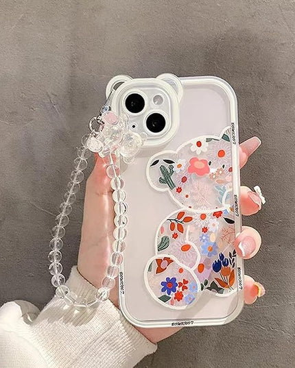 for iPhone 13 pro Case Clear Cute Flower Bear with Pearl Chain for Girls with Bear Ears Soft TPU Shockproof Protective Girly -Flower Bear