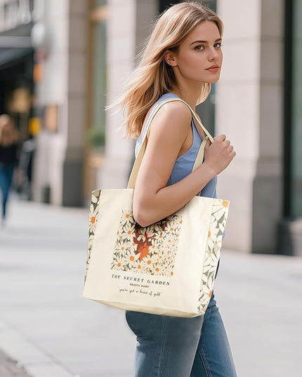 BROADREAM Aesthetic Canvas Tote Bag for Women, Vintage Reusable Book Tote Bag with Inner Zipper Pocket