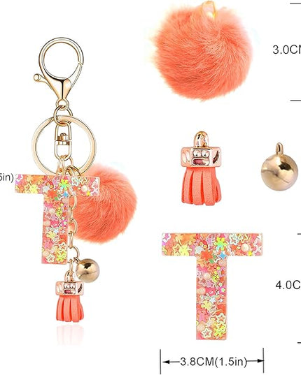 Resin Alphabet Initial Letter Keychain Keyring for Women Purse Handbags With Fur Ball Pom