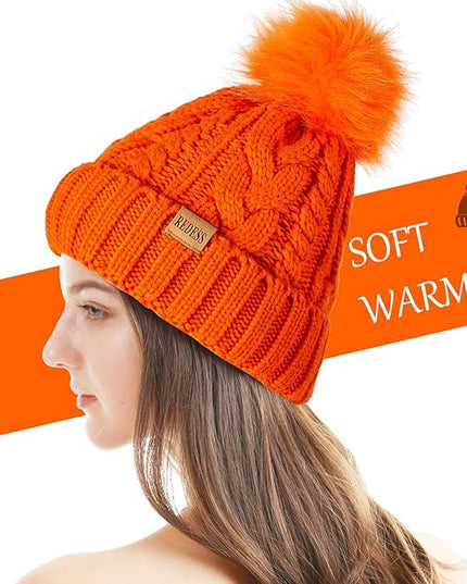 REDESS Women Winter Pompom Beanie Hat with Warm Fleece Lined, Thick Slouchy Snow Knit Skull Ski Cap