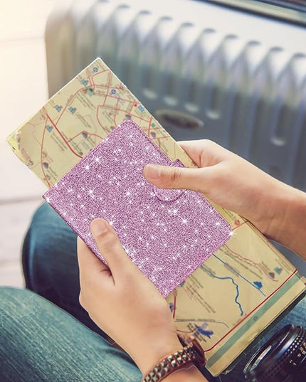 HOTCOOL Passport Holder Travel Essentials Airplane & Cruise Essentials Ship Leather Wallet Cover Case RFID Blocking Women & Men Vacation Travel Accessories Gifts Deals, Glitter - Purple
