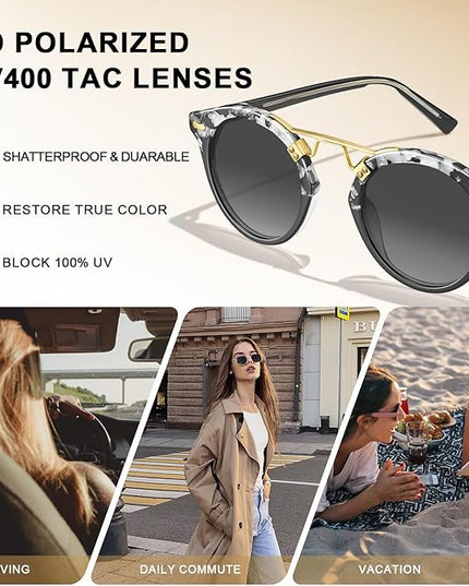 CARFIA Small Face Acetate Polarized Sunglasses for Women UV Protection, Retro Double Bridge Eyewears Metal Brow Round Sunnies