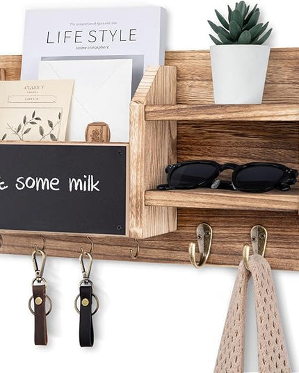 Lwenki Mail and Key Holder – Wall Mount Key Hanger with Shelf and 7 Metal Hooks – Decorative Natural Paulownia Wood Entryway Organizer with Mounting Hardware (16.5”W x 8.7”H x 3.5”D) (Wood)