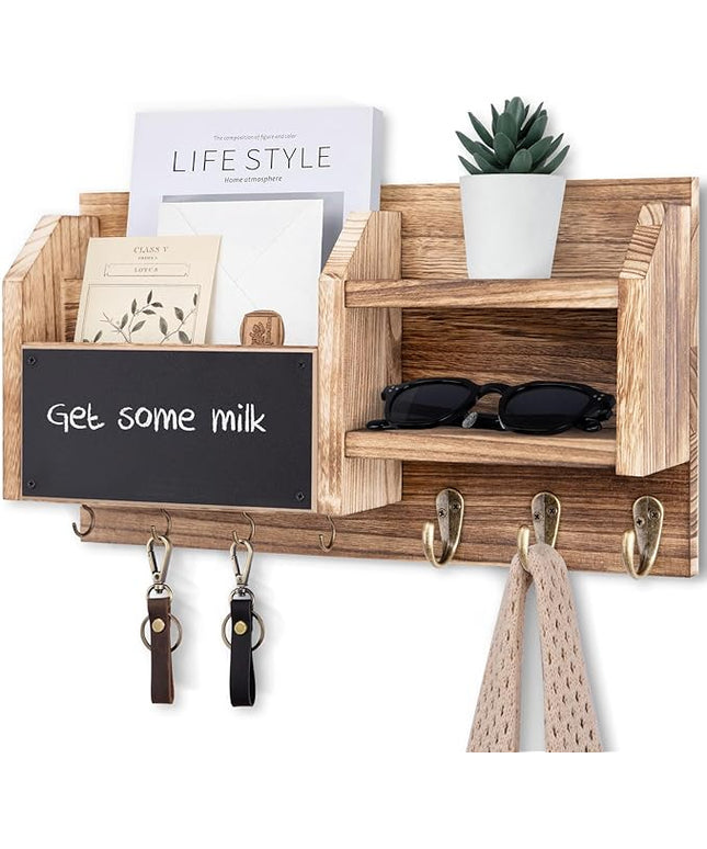 Lwenki Mail and Key Holder – Wall Mount Key Hanger with Shelf and 7 Metal Hooks – Decorative Natural Paulownia Wood Entryway Organizer with Mounting Hardware (16.5”W x 8.7”H x 3.5”D) (Wood)