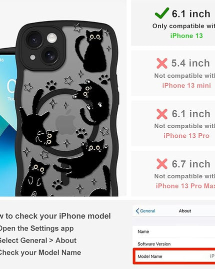 Cute Case for iPhone 13 Case [Compatible with MagSafe] with Kawaii Black Cats Cat Print Pattern Design for Women Girls, Soft Wavy Edge Anti-Slip Animal Magnetic Protective Phone Cover