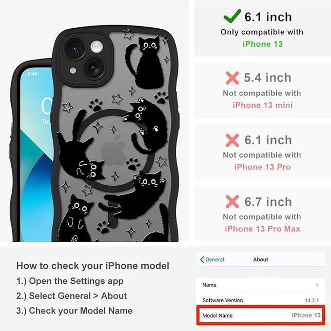 Cute Case for iPhone 13 Case [Compatible with MagSafe] with Kawaii Black Cats Cat Print Pattern Design for Women Girls, Soft Wavy Edge Anti-Slip Animal Magnetic Protective Phone Cover