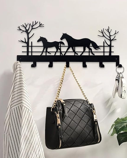 ShowMtheM Metal Horse Key Holder for Wall,Metal Key Organizer Wall Decorative with 7 Hooks,Black Wall Mount Key Holder for Entryway,Front Door,Hallway,Office