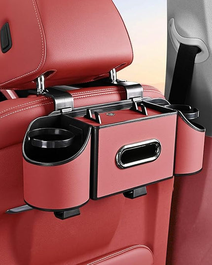 Back Seat Car Organizer,4 in 1 Multifunctional Car Back Seat Storage Box with Drink Cup Holder Tissue Box, for Hold Phone,Snacks, Drinks, Handbag-Red
