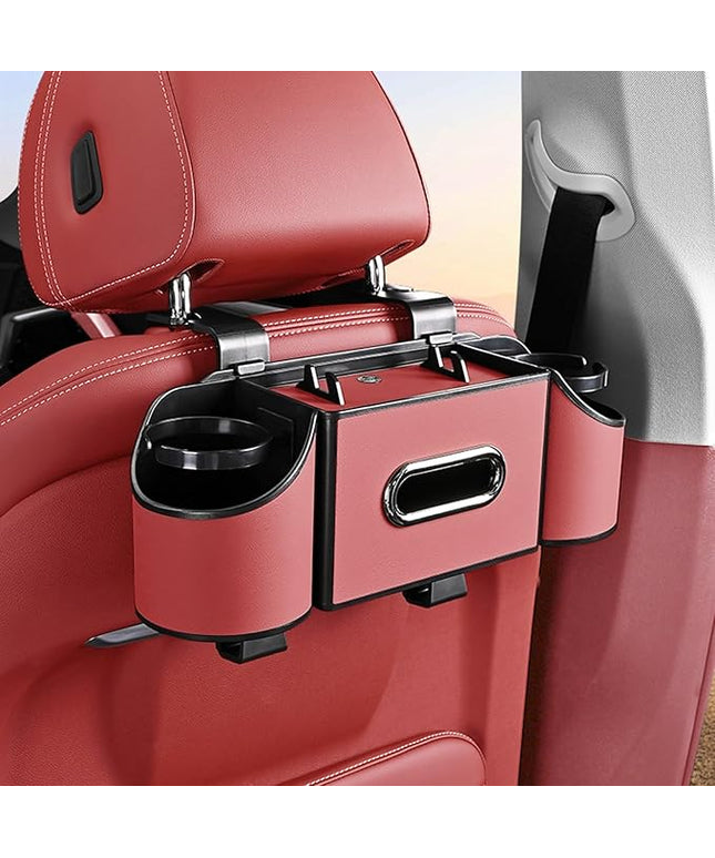 Back Seat Car Organizer,4 in 1 Multifunctional Car Back Seat Storage Box with Drink Cup Holder Tissue Box, for Hold Phone,Snacks, Drinks, Handbag-Red