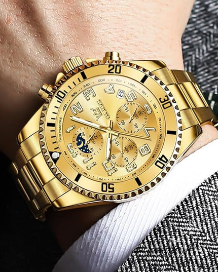 OLEVS Mens Watches Chronograph Watch Luxury Dress Stainless Steel Waterproof Watches for Men Moon Phase Luminous Business Calendar Wrist Watch Blue/Black/Green/Gold/Face