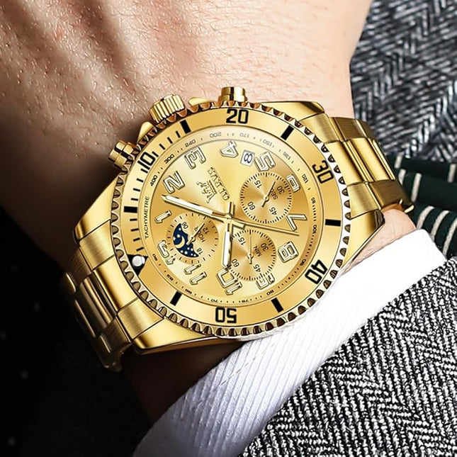 OLEVS Mens Watches Chronograph Watch Luxury Dress Stainless Steel Waterproof Watches for Men Moon Phase Luminous Business Calendar Wrist Watch Blue/Black/Green/Gold/Face