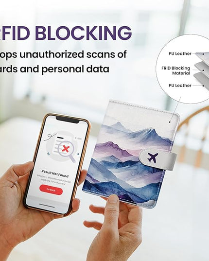 Passport Holder for Travel Essentials, RFID Blocking Leather Cover Wallet with Magnetic Closure, Aesthetic & Cute Passport Book Case for Women and Men - Hill