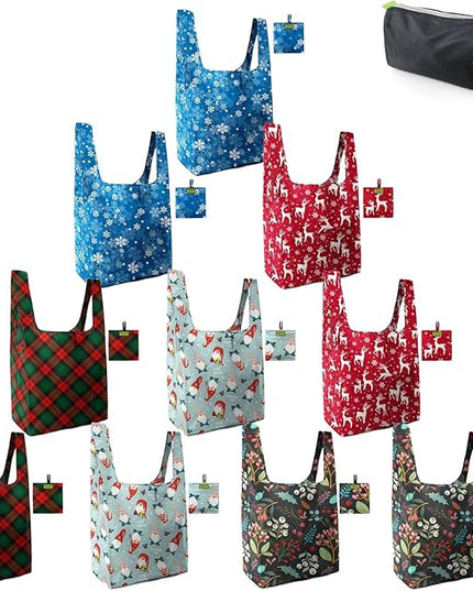 BeeGreen Christmas Reusable Grocery Bags with Zipper Storage Pouch 10 Packs Deer Reusable Shopping Bags Bulk with Elastic Band Foldable-Machine Washable Christmas Gifts Tote Bags