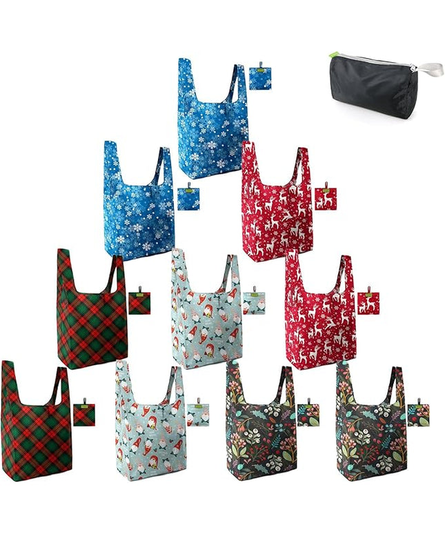 BeeGreen Christmas Reusable Grocery Bags with Zipper Storage Pouch 10 Packs Deer Reusable Shopping Bags Bulk with Elastic Band Foldable-Machine Washable Christmas Gifts Tote Bags