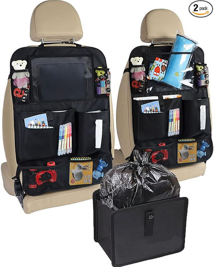 2 Pcs Large Size Car Backseat Organizer with 1 Pcs Trash Garbage Bag, Clear Screen Tablet Holder and 9 Storage Pockets,Foldable Seat Back Protectors for Toys Drinks Book ,Travel Accessories (Black)