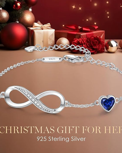 CDE Valentine's Day Gift Infinity Heart Birthstone Charm Link Bracelet for Women 925 Sterling Silver Adjustable Mother's Day Christmas Day Gift Anniversary Birthday Jewelry for Wife Girlfriend Her