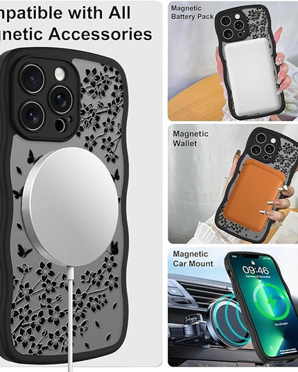 Wavy Case for iPhone 13 Pro Max Case with Stand [Compatible with MagSafe] Cute Black Cat & Floral & Butterflies Pattern Design, Kawaii 360 Magnetic Ring Kickstand Phone Cover for Women Girls