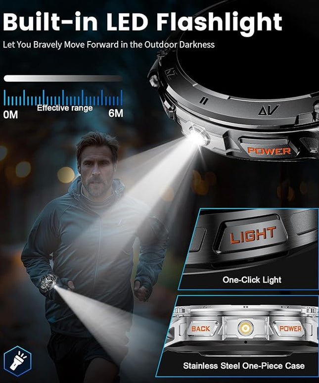 LIGE Military Smart Watch for Men iPhone Android 1.43" HD Amoled Rugged 120+ Sport Modes IP68 Waterproof Answer/Make Call Fitness Running Heart Rate Blood Pressure Health Mens Smartwatch EF6-A