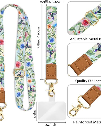 Phone Lanyard Crossbody Wrist Strap, Bird Cell Phone Lanyards for Around the Neck Wristlet Shoulder, Adjustable Flower Floral Strap for Car Keys Keychain Wallet ID Badge