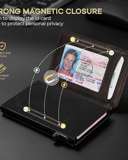 RUNBOX Slim Card Wallet for Men with ID Window – Minimalist RFID Wallet, Pop-Up Function, Ultra Thin Design, Metal Business Card Case Holds 8+ Cards, Gifts for Men, Men's Accessories