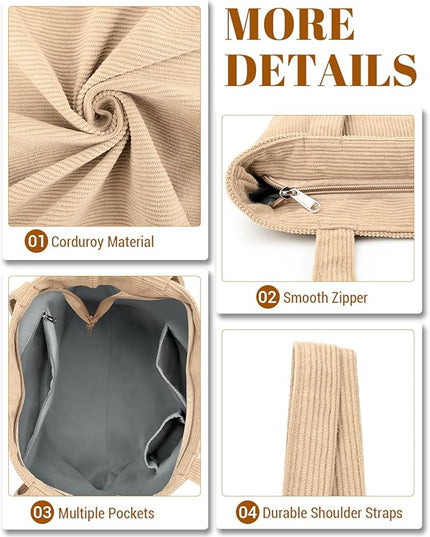 Iioscre Corduroy Tote Bag for Women,Hobo HandBags with Zipper,Large Capacity Casual Shoulder Handbags with Inner Pockets