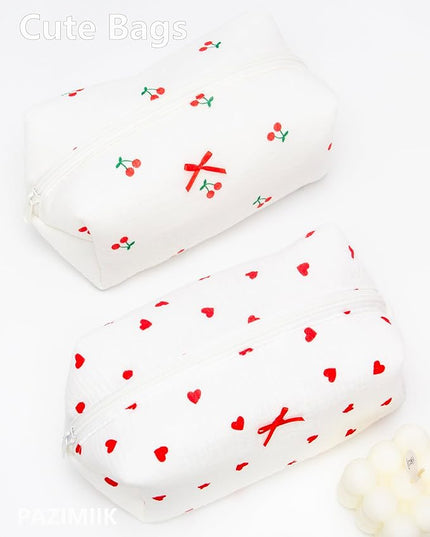 PAZIMIIK Cozy Makeup Bag Small Aesthetic Travel Zipper Cosmetic Pouch for Women Make Up Beauty Accessories Brushes,Heart Red