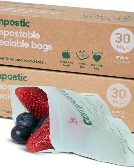 Compostic Home Compostable Resealable Snack Size Bags, Microwave & Freezer Safe, Organic Food Storage Container, 60 Count