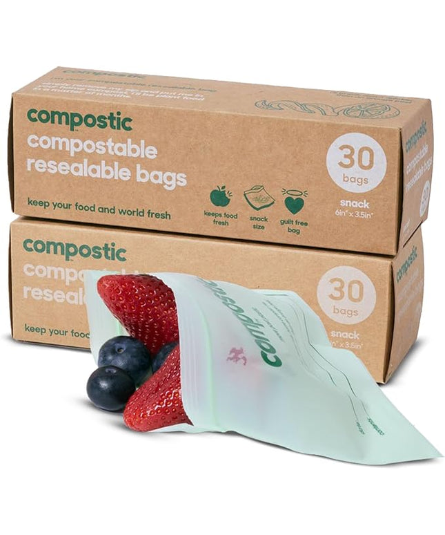 Compostic Home Compostable Resealable Snack Size Bags, Microwave & Freezer Safe, Organic Food Storage Container, 60 Count