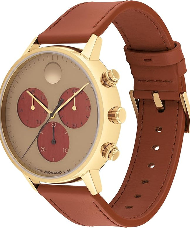 Movado Face Watch - Swiss Quartz Chronograph, Leather Strap - Classic, Timeless Luxury Fashion Timepiece for Him or Her - 43mm