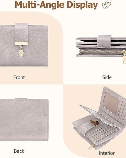 HUANLANG Small Wallets for Women Rfid Blocking Leather Bifold Credit Card Holder Ladies Wallet Zipper Pocket with ID Window