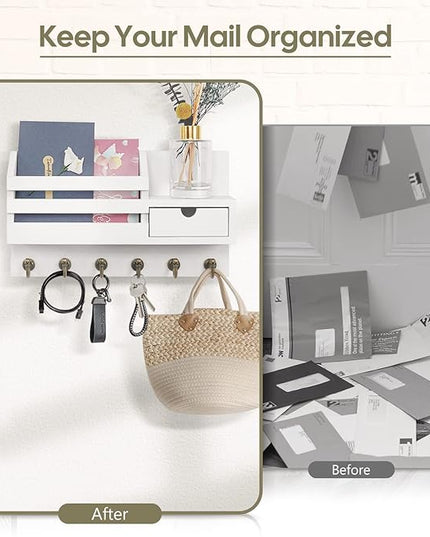 FifthQuarter Key Holder Wall Mount: Key and Mail Holder for Wall with 6 Hooks and Storage Drawer, Easy Installation Key Rack for Entryway Home Decor (A-White)
