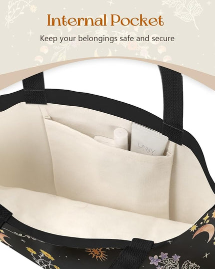 Canvas Tote Bag with Pockets - Aesthetic Reusable Totes for Women Ladies Cute Printed Cloths Canvas Shoulder Bag