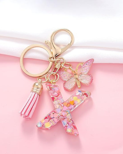 Fashion Alphabet Initial Letter Keychain Tassel Butterfly Pendant Key Ring for Purse Handbags Women Girl