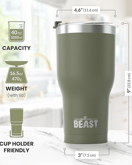 Beast 40 oz Tumbler Stainless Steel Vacuum Insulated Coffee Ice Cup Double Wall Travel Flask (Army Green)