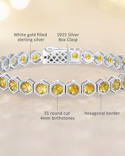 Birthstone Tennis Bracelets for Women Birthday Gifts 925 Sterling Silver Hexagon White Gold Bracelets Round Cut 5A Cubic Zirconia Prong Setting 7 Inch Anniversary Jewelry Gift