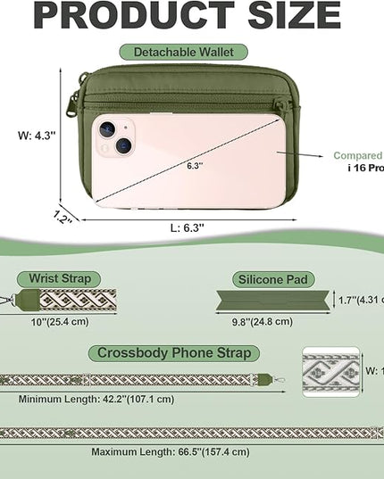Clip and Go Strap for Phone with Wallet Crossbody, Adjustable Phone Lanyard with Detachable RFID Wristlet Wallet, Pattern Strap - Olive Green(M)